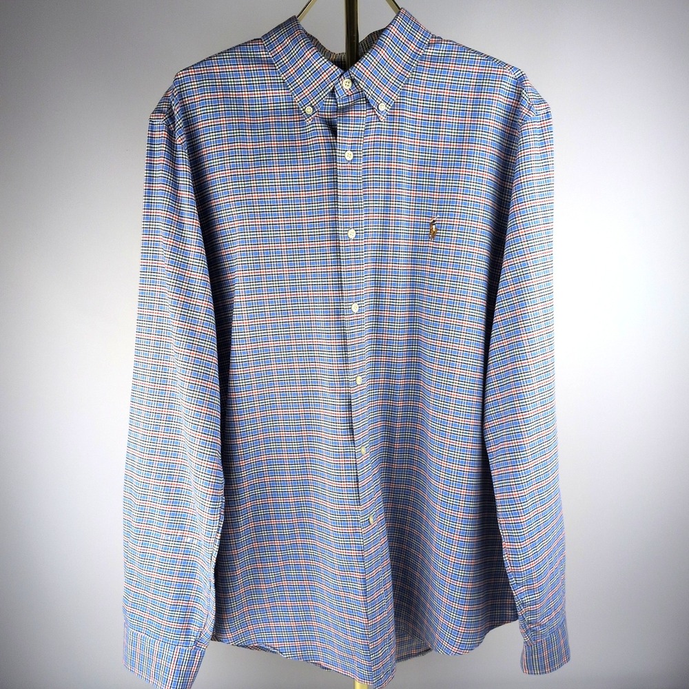 Ralph Lauren Mens XL Button Down Shirt Blue Red Plaid Long Sleeve Cotton Pony
